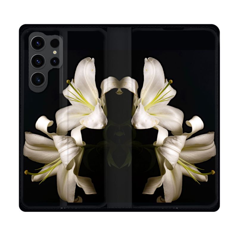 Housse Cuir Portefeuille Pour Samsung Galaxy S23 Ultra Fleur Lys Noir