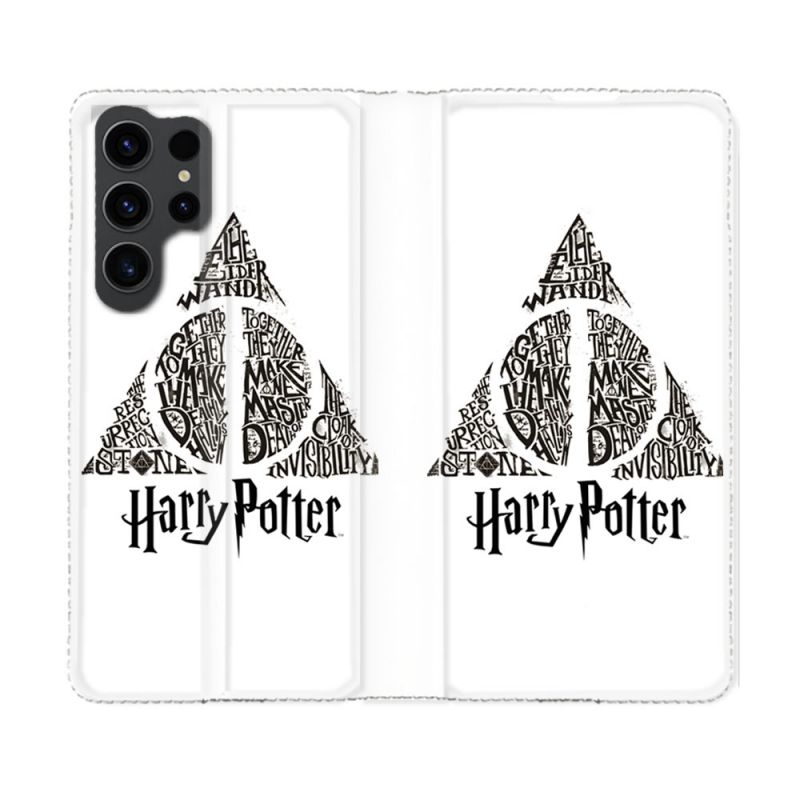 Housse Cuir Portefeuille Pour Samsung Galaxy S23 Ultra Harry Potter Hollows triangle Blanc