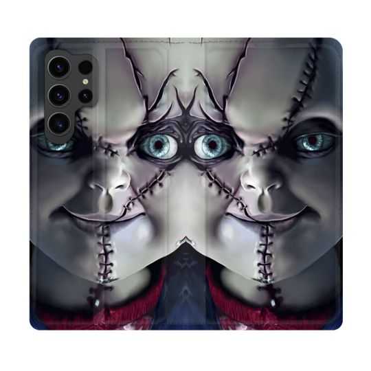 Housse Cuir Portefeuille Pour Samsung Galaxy S23 Ultra Horreur Chucky Cicatrice