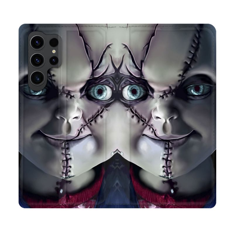 Housse Cuir Portefeuille Pour Samsung Galaxy S23 Ultra Horreur Chucky Cicatrice