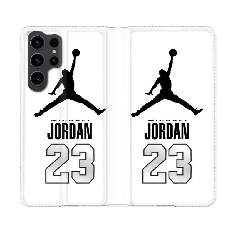 Housse Cuir Portefeuille Pour Samsung Galaxy S23 Ultra Jordan 23 Blanc