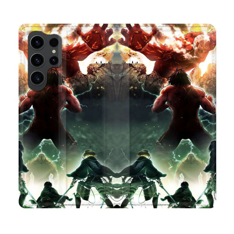 Housse Cuir Portefeuille Pour Samsung Galaxy S23 Ultra Manga Attaque Titans Combat