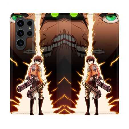 Housse Cuir Portefeuille Pour Samsung Galaxy S23 Ultra Manga Attaque Titans Eren Eclair