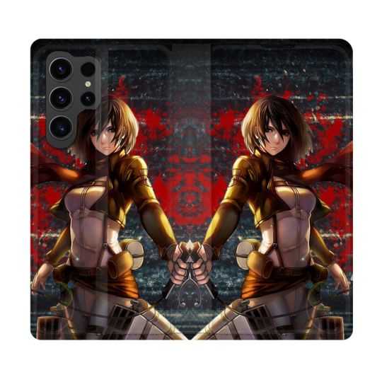 Housse Cuir Portefeuille Pour Samsung Galaxy S23 Ultra Manga Attaque Titans Mikasa