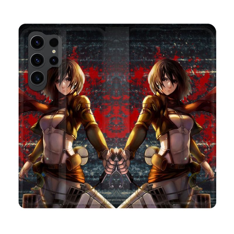 Housse Cuir Portefeuille Pour Samsung Galaxy S23 Ultra Manga Attaque Titans Mikasa