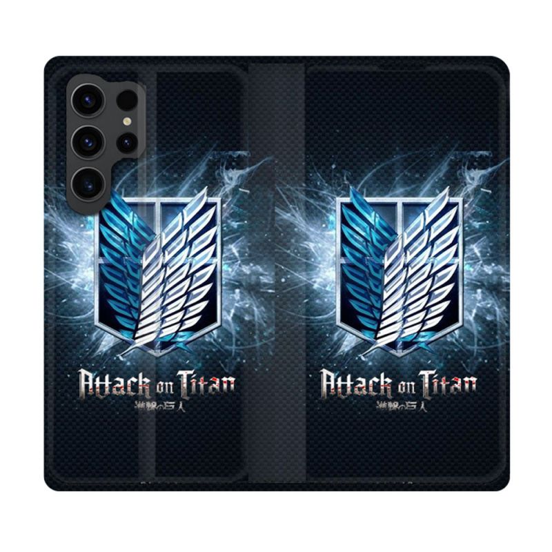 Housse Cuir Portefeuille Pour Samsung Galaxy S23 Ultra Manga Attaque Titans Noir
