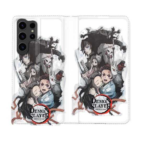 Housse Cuir Portefeuille Pour Samsung Galaxy S23 Ultra Manga Demon Slayer Blanc