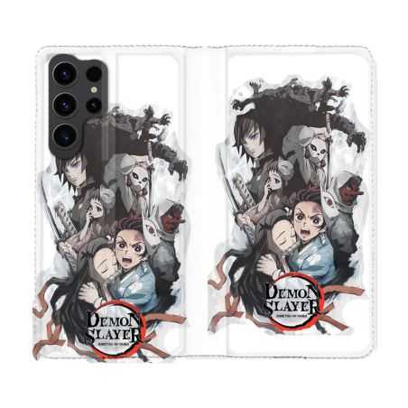 Housse Cuir Portefeuille Pour Samsung Galaxy S23 Ultra Manga Demon Slayer Blanc