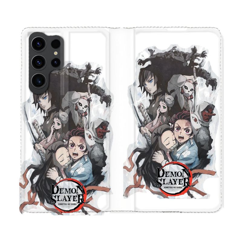 Housse Cuir Portefeuille Pour Samsung Galaxy S23 Ultra Manga Demon Slayer Blanc