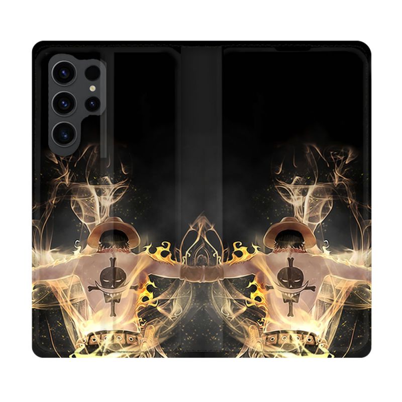 Housse Cuir Portefeuille Pour Samsung Galaxy S23 Ultra Manga One Piece Ace Noir