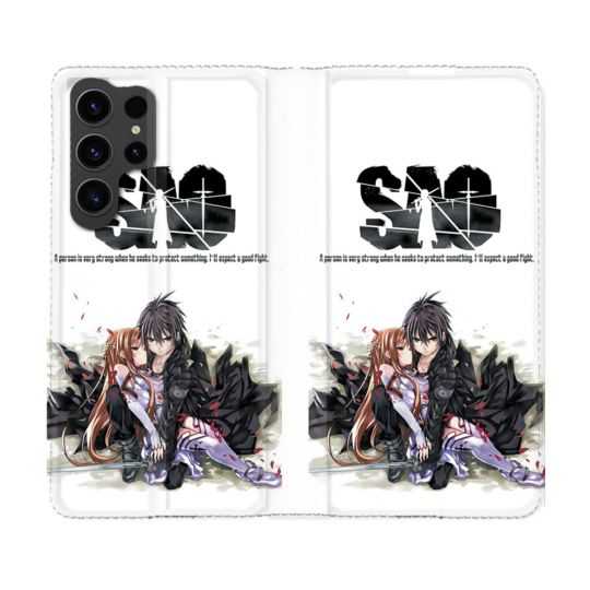 Housse Cuir Portefeuille Pour Samsung Galaxy S23 Ultra Manga SAO sword Art Online Blanc
