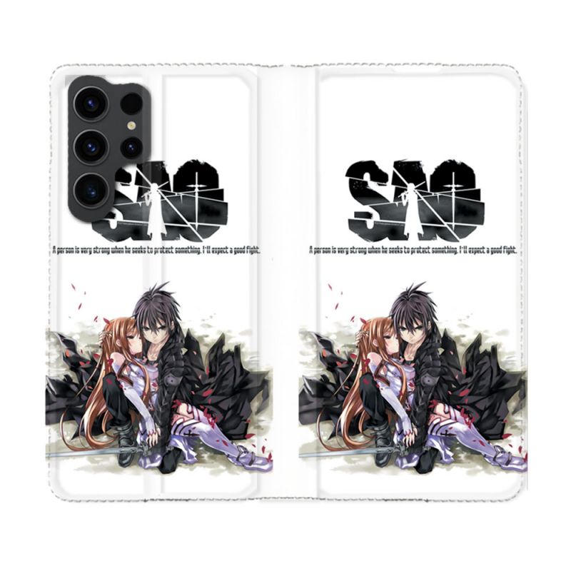 Housse Cuir Portefeuille Pour Samsung Galaxy S23 Ultra Manga SAO sword Art Online Blanc