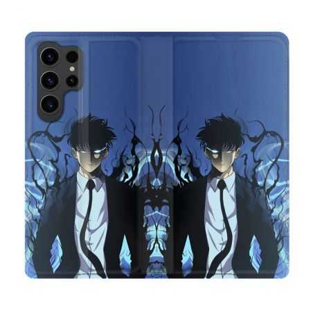 Housse Cuir Portefeuille Pour Samsung Galaxy S23 Ultra Manga Solo Leveling Sung Bleu