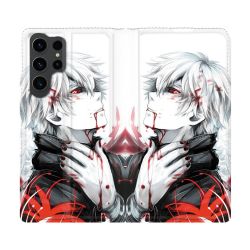 Housse Cuir Portefeuille Pour Samsung Galaxy S23 Ultra Manga Tokyo Ghoul Kaneki Blanc