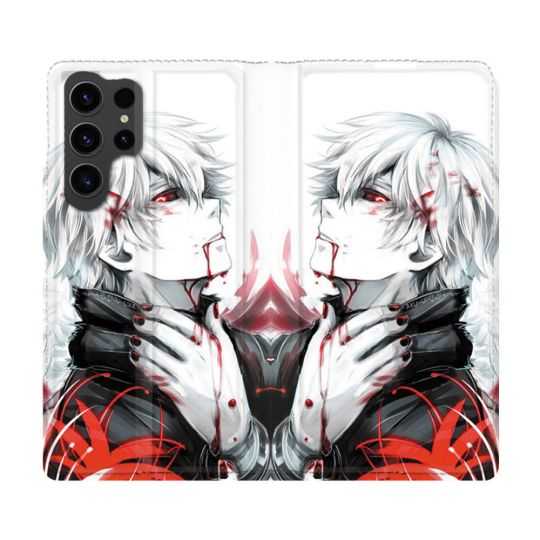 Housse Cuir Portefeuille Pour Samsung Galaxy S23 Ultra Manga Tokyo Ghoul Kaneki Blanc