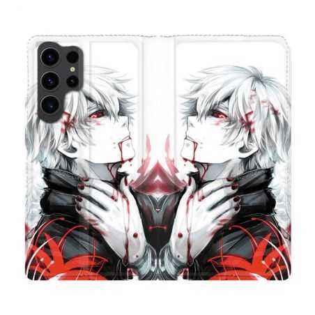 Housse Cuir Portefeuille Pour Samsung Galaxy S23 Ultra Manga Tokyo Ghoul Kaneki Blanc