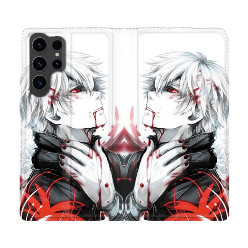 Housse Cuir Portefeuille Pour Samsung Galaxy S23 Ultra Manga Tokyo Ghoul Kaneki Blanc