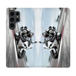Housse Cuir Portefeuille Pour Samsung Galaxy S23 Ultra Moto Course GP Blanche