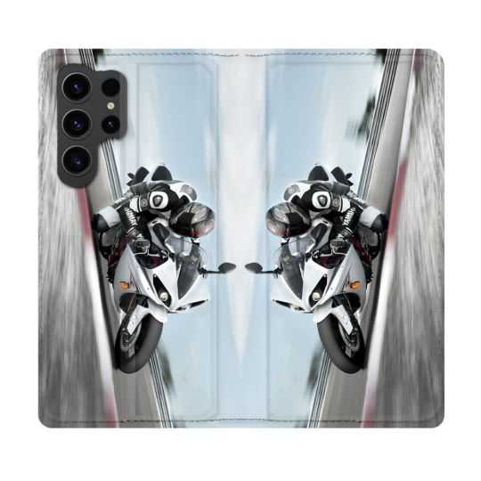 Housse Cuir Portefeuille Pour Samsung Galaxy S23 Ultra Moto Course GP Blanche