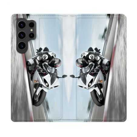 Housse Cuir Portefeuille Pour Samsung Galaxy S23 Ultra Moto Course GP Blanche