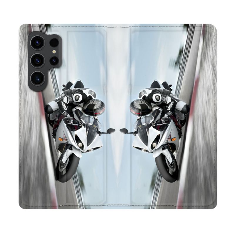 Housse Cuir Portefeuille Pour Samsung Galaxy S23 Ultra Moto Course GP Blanche