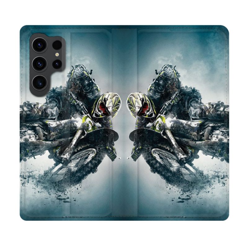 Housse Cuir Portefeuille Pour Samsung Galaxy S23 Ultra Moto Cross Ombre