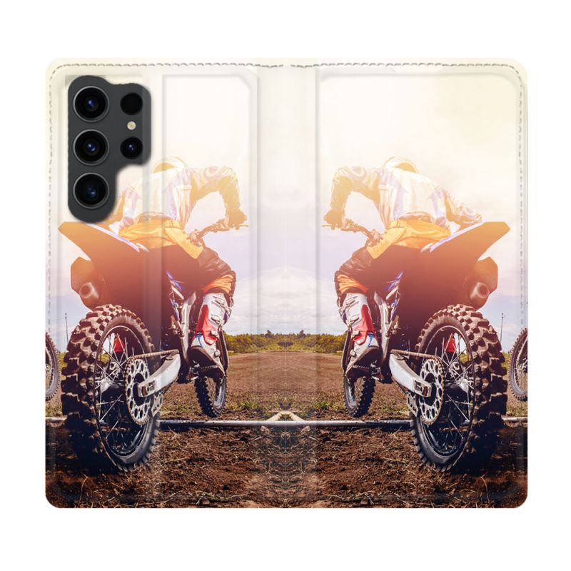 Housse Cuir Portefeuille Pour Samsung Galaxy S23 Ultra Moto Cross Soleil