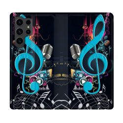 Housse Cuir Portefeuille Pour Samsung Galaxy S23 Ultra Musique Cle Sol Bleu