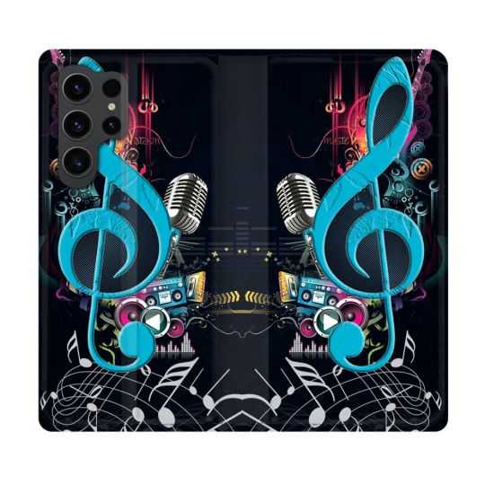 Housse Cuir Portefeuille Pour Samsung Galaxy S23 Ultra Musique Cle Sol Bleu