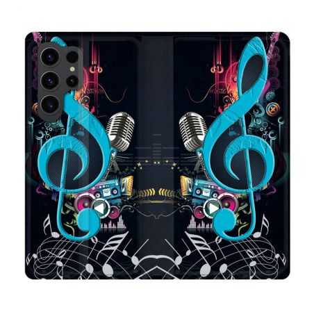 Housse Cuir Portefeuille Pour Samsung Galaxy S23 Ultra Musique Cle Sol Bleu