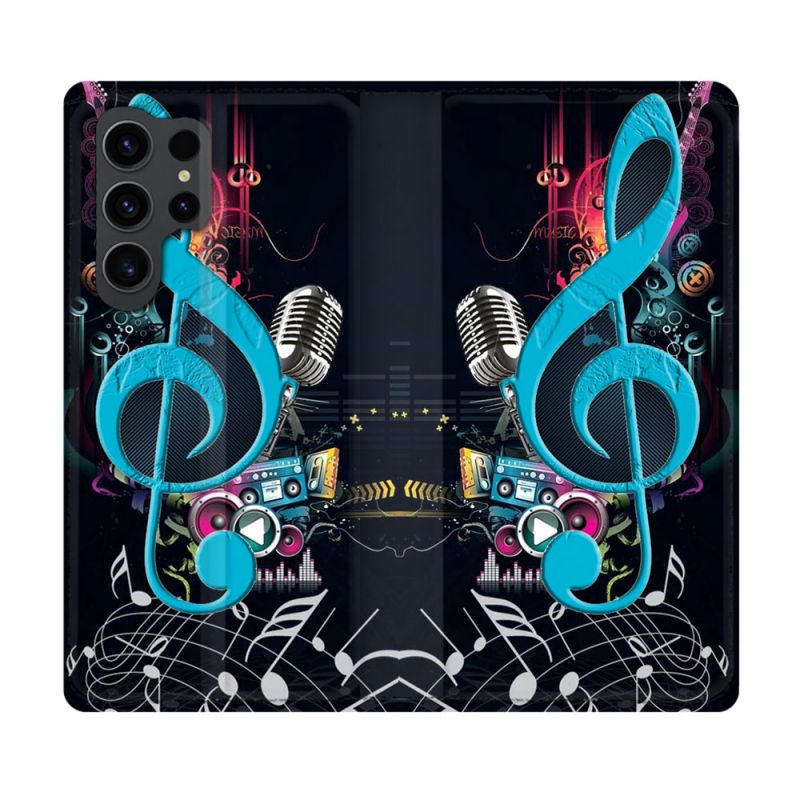 Housse Cuir Portefeuille Pour Samsung Galaxy S23 Ultra Musique Cle Sol Bleu