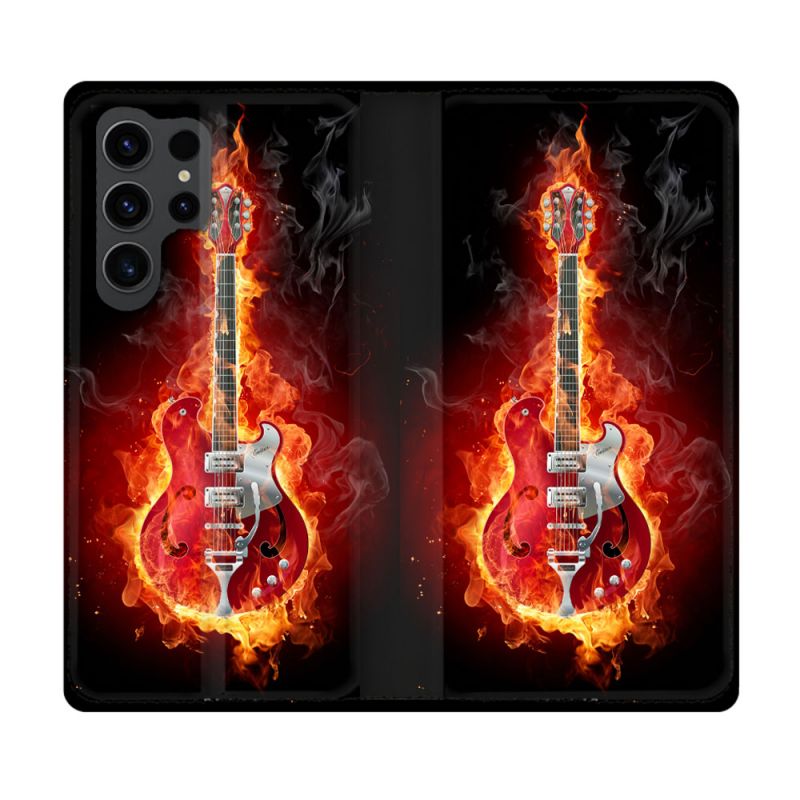 Housse Cuir Portefeuille Pour Samsung Galaxy S23 Ultra Musique Guitare Electrique