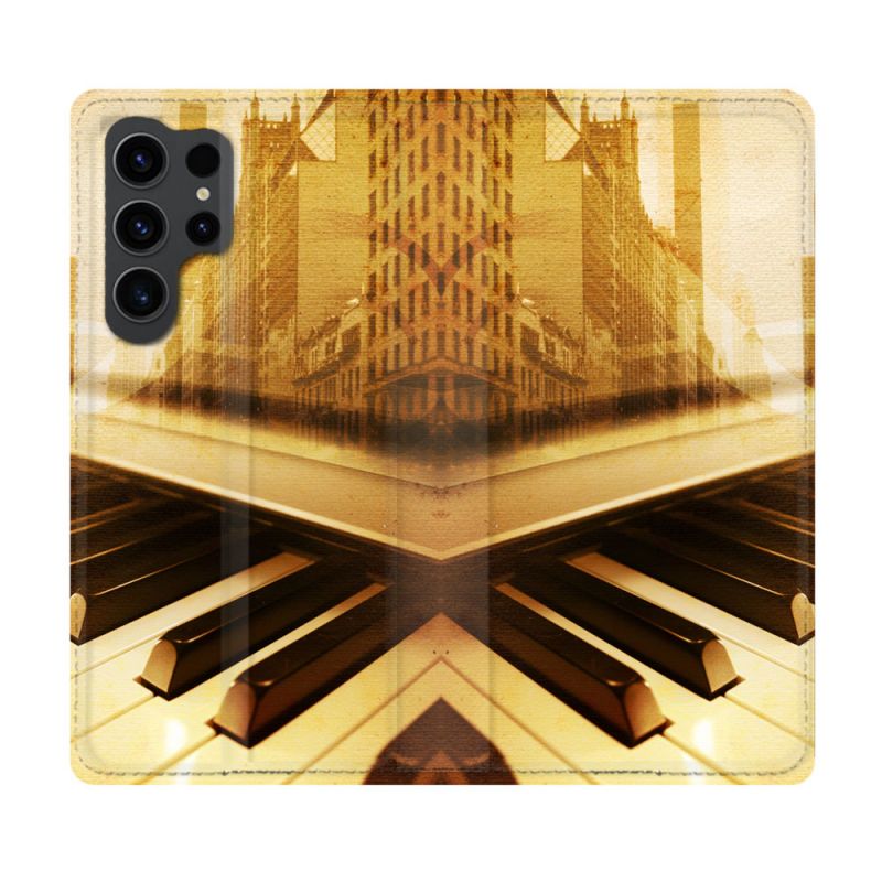 Housse Cuir Portefeuille Pour Samsung Galaxy S23 Ultra Musique Piano Retro