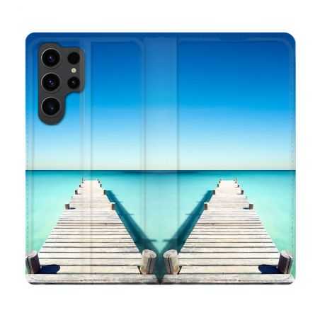 Housse Cuir Portefeuille Pour Samsung Galaxy S23 Ultra Nature Pont Mer