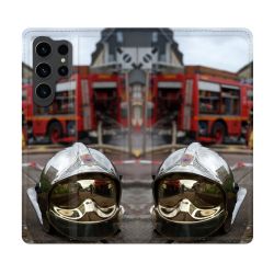 Housse Cuir Portefeuille Pour Samsung Galaxy S23 Ultra Pompier Casque Camion