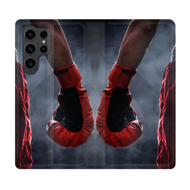 Housse Cuir Portefeuille Pour Samsung Galaxy S23 Ultra Sport Boxe Gant Rouge