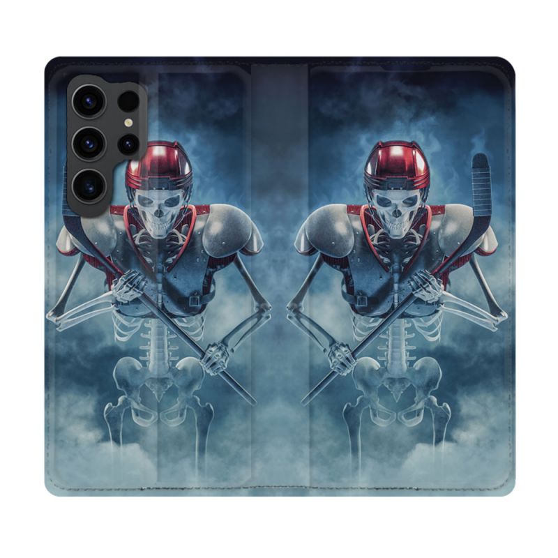 Housse Cuir Portefeuille Pour Samsung Galaxy S23 Ultra Sport Hockey Squelette