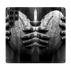 Housse Cuir Portefeuille Pour Samsung Galaxy S23 Ultra Sport Rugby Ballon Vintage