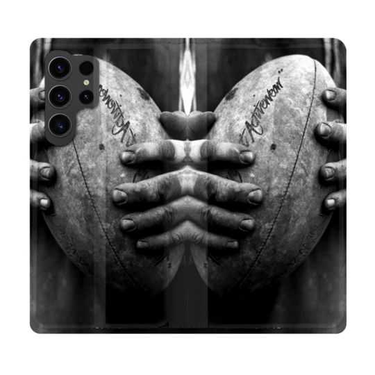 Housse Cuir Portefeuille Pour Samsung Galaxy S23 Ultra Sport Rugby Ballon Vintage