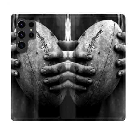 Housse Cuir Portefeuille Pour Samsung Galaxy S23 Ultra Sport Rugby Ballon Vintage