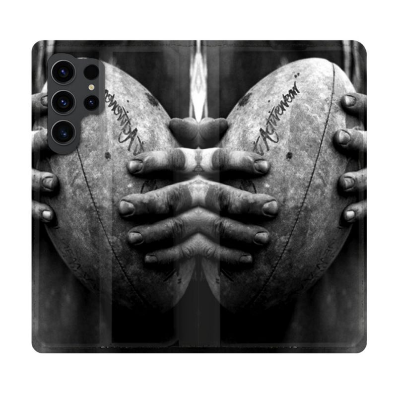Housse Cuir Portefeuille Pour Samsung Galaxy S23 Ultra Sport Rugby Ballon Vintage