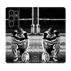 Housse Cuir Portefeuille Pour Samsung Galaxy S23 Ultra Sport Rugby Noir Blanc