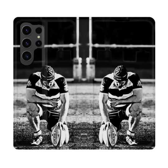 Housse Cuir Portefeuille Pour Samsung Galaxy S23 Ultra Sport Rugby Noir Blanc
