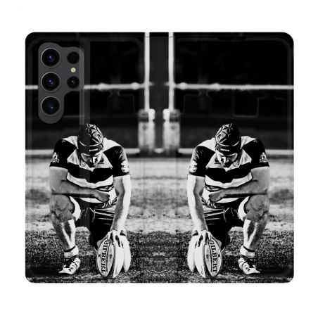 Housse Cuir Portefeuille Pour Samsung Galaxy S23 Ultra Sport Rugby Noir Blanc