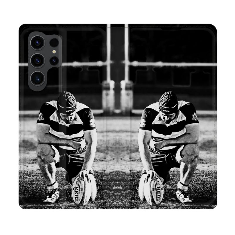 Housse Cuir Portefeuille Pour Samsung Galaxy S23 Ultra Sport Rugby Noir Blanc