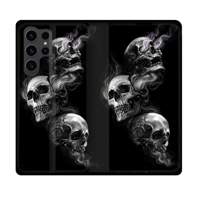 Housse Cuir Portefeuille Pour Samsung Galaxy S23 Ultra Tete de Mort Triple