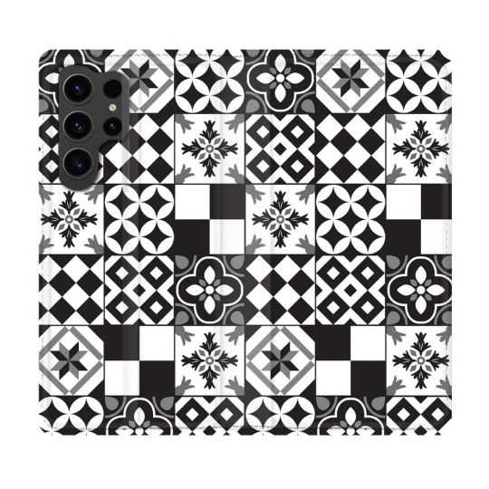 Housse Cuir Portefeuille Pour Samsung Galaxy S23 Ultra Texture Carreau Ciment Noir