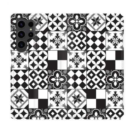 Housse Cuir Portefeuille Pour Samsung Galaxy S23 Ultra Texture Carreau Ciment Noir