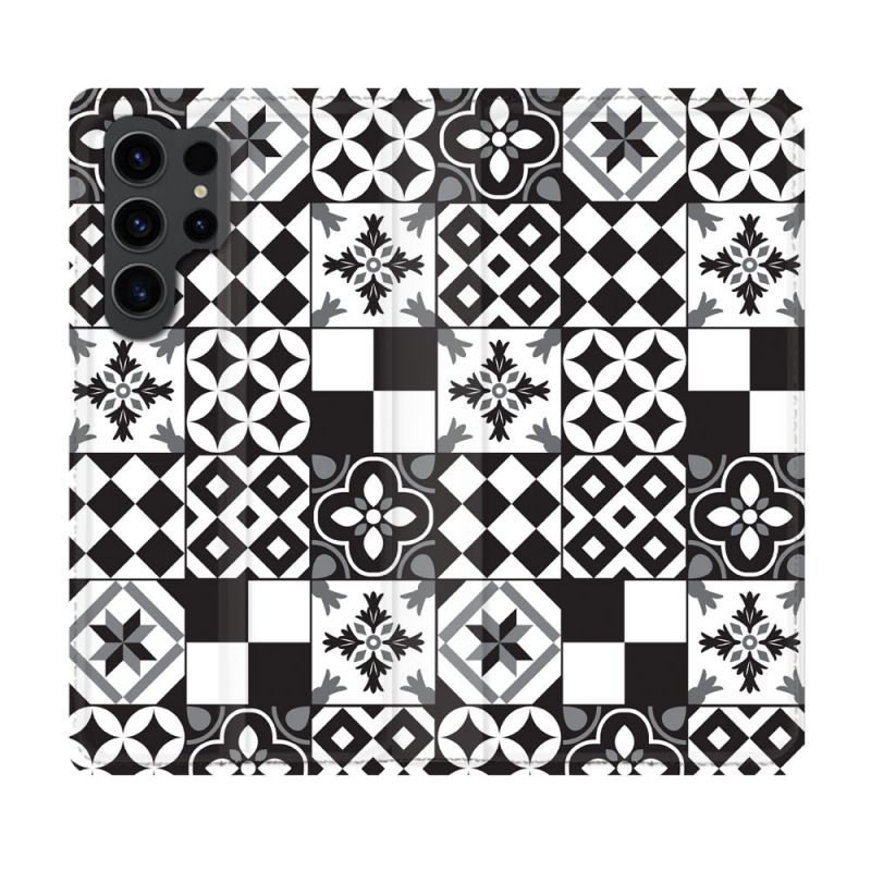 Housse Cuir Portefeuille Pour Samsung Galaxy S23 Ultra Texture Carreau Ciment Noir
