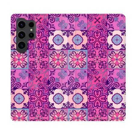 Housse Cuir Portefeuille Pour Samsung Galaxy S23 Ultra Texture Carreau Ciment Violet
